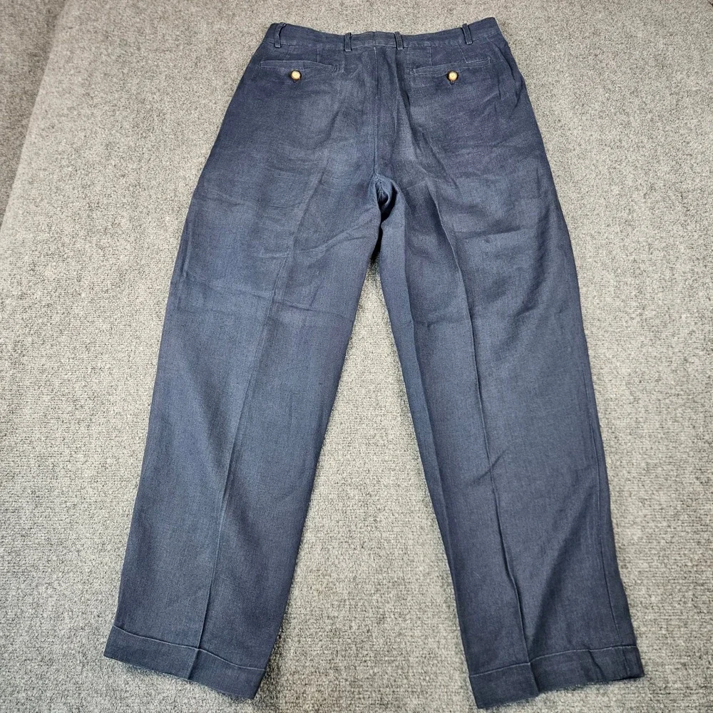 Structure Le Collezioni Mens 34S Navy Blue 100% Linen Pleated Cuffed Dress Pants